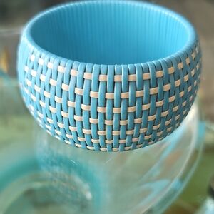 VINTAGE RETRO Blue White Weave Woven Wide Bangle Bracelet Jewelry Women 70s